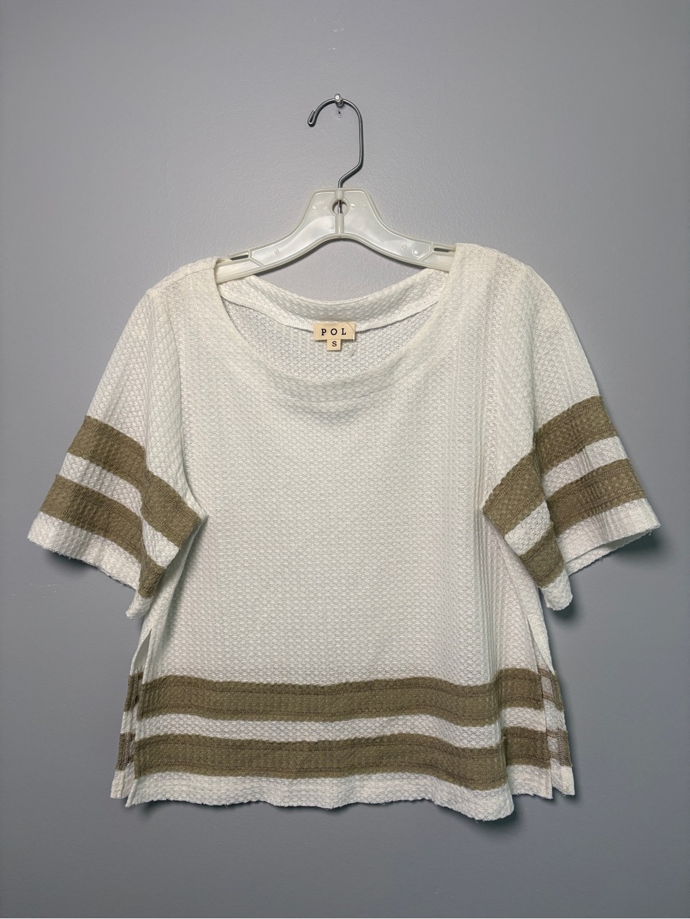 POL Cream Short Sleeve Knit Top with Taupe Stripe Accents